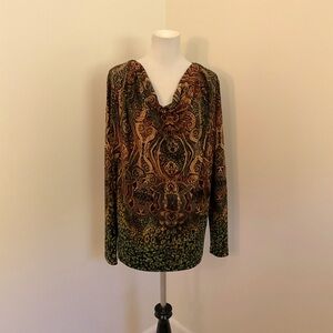 Women’s Jones New York Brown and Green Graphic Long Sleeve Tunic Blouse